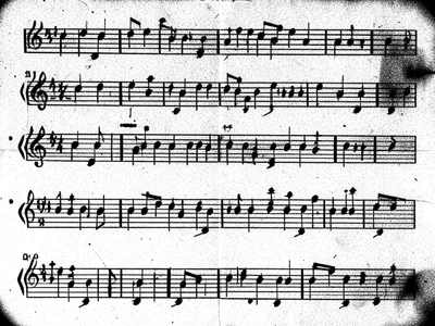 Sheet music photocopied to pure pattern, staff lines and note shapes surviving a