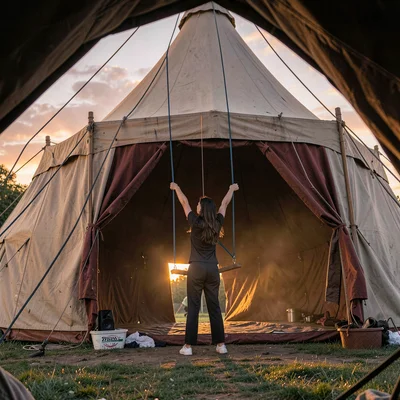 Circus tent at dawn, trapeze artist practicing alone, frame tunneling toward her