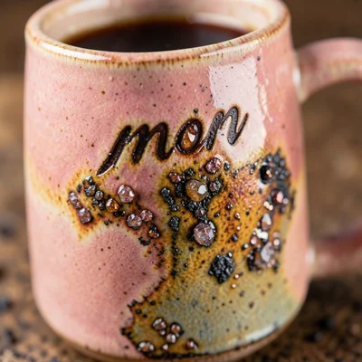 Handmade ceramic mug with warm pink glaze, "mom" impression, coffee inside