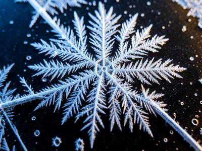 Hoar frost needles growing from a wire, feathery ice crystals radiating outward,