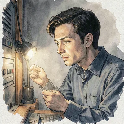 Quiet portrait of a tech inspecting a panel under a side flashlight, single soft