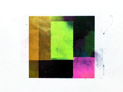 Abstract risograph in three colors: metallic gold, fluorescent green, and black,