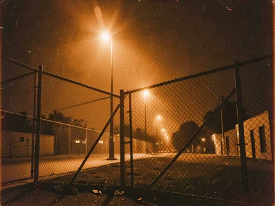 Chain link fence with orange light behind, security barrier nocturne