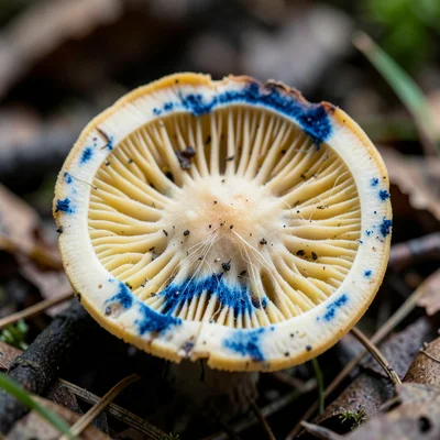 Bolete mushroom cross-section — yellow pore layer beneath the cap, flesh bruisin