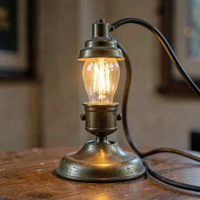Macro of a brass desk lamp with patina, warm filament glow