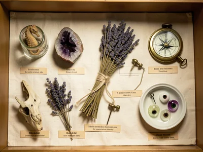 A curiosity cabinet shelf with intentionally eclectic arrangement — a preserved 