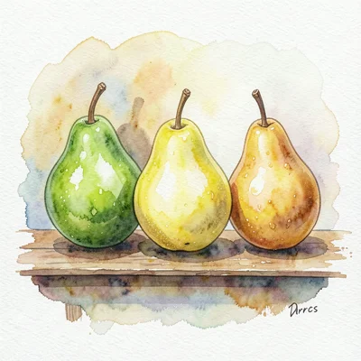 Three pears on a wooden shelf, each a different stage of ripeness — green, yello