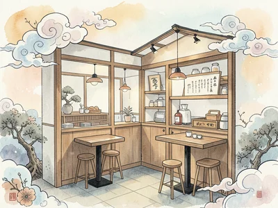 Modern coffee shop in ukiyo-e style, flat perspective, decorative clouds, tradit