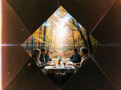 Double exposure of autumn forest with family dinner table, geometric frame
