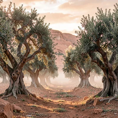 Warm desert-toned photograph, Olive grove at dawn, gnarled ancient trees, dew on