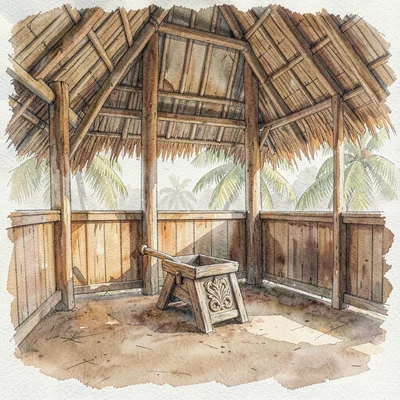 a Balinese rice-mill shed at clear morning, palm-thatch walls warmed amber, a si