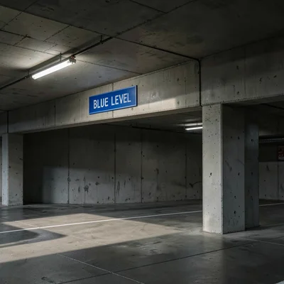 Blue level sign against raw concrete brutalist texture