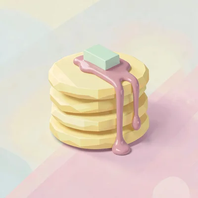 Triple butter-yellow lowpoly stack of pancakes with a mint butter pat and dusty-