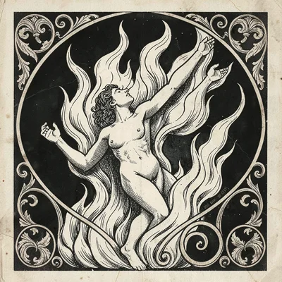 A figure emerging from flames
