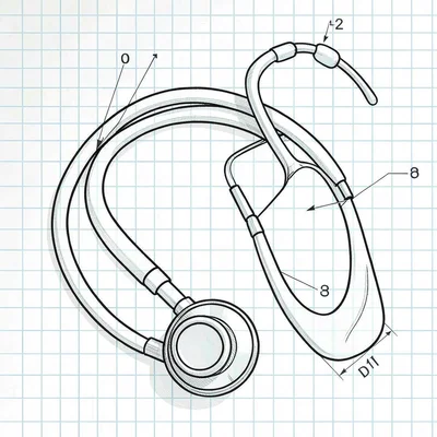 Technical line drawing of a stethoscope coiled flat on graph paper, isometric ca