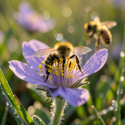 A close-up of a bee covered in bright yellow pollen entering a wildflower, the p