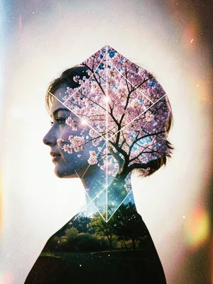Double exposure of person's profile with cherry blossom canopy, geometric overla