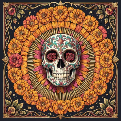 A sugar skull surrounded by concentric rings of marigold petals, the skull decor