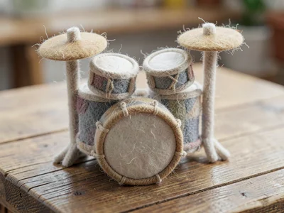 Drum kit miniature in felted wool complete with knit cymbals and embroidered tom