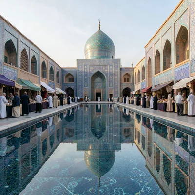 Samarkand blue majolica against Central Asian terracotta, reflection pool with t
