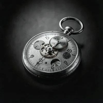 Charcoal study of a single open pocket-watch movement at three-quarter angle, so