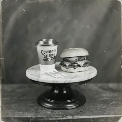 A convenience store coffee cup and a gas station breakfast sandwich on a marble 