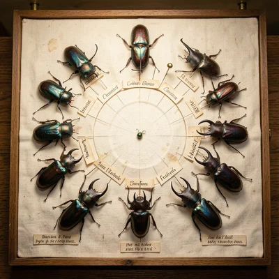 An entomological drawer of beetle specimens arranged in concentric circles radia