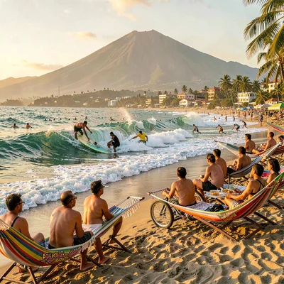 Pupusería golden hour in El Salvador, Surf instructors pushing beginners into wh