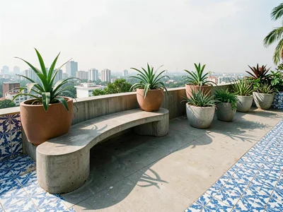 Rooftop terrace with sinuous low concrete bench, city haze beyond, bromeliad pla