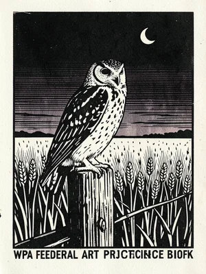 A barn owl perched on a fence post at twilight, wheat field stretching to the ho