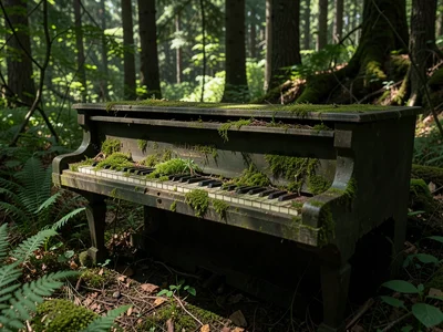 Abandoned piano in forest clearing, moss and ferns growing through keys, dappled