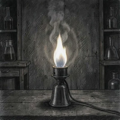 Atmospheric charcoal of a single Bunsen burner flame in a darkened lab, warm gra