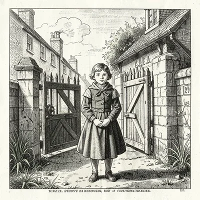 An orphan child at a workhouse gate