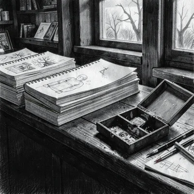 Charcoal narrative of a long shop counter stacked with sketchbooks and a single 