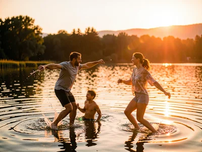 Friends jumping into lake