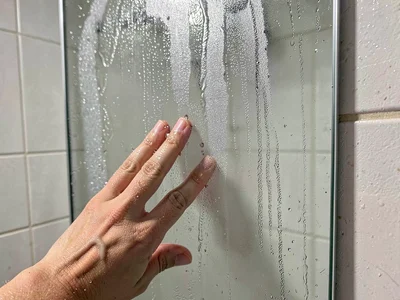 Bathroom mirror fogged after shower, hand wiping clear spot for seeing