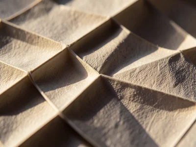 Origami tessellation of interlocking hexagons in white paper, raking light revea