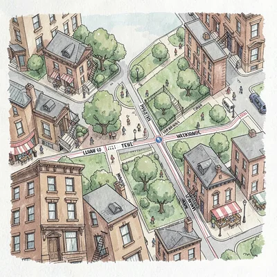 walkability map of a brownstone neighborhood with restaurants, parks, subway