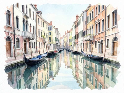A Venetian canal with gondolas, buildings reflected in water — reflections are l