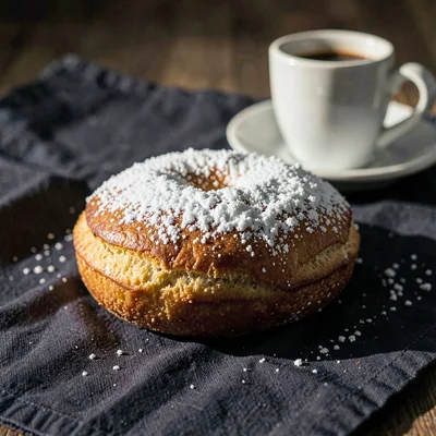 Single golden-brown beignet dusted in confectioner's sugar on dark linen, the su