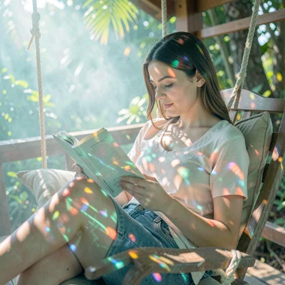 Soft diffused tropical light filtering through water vapor, A young woman readin