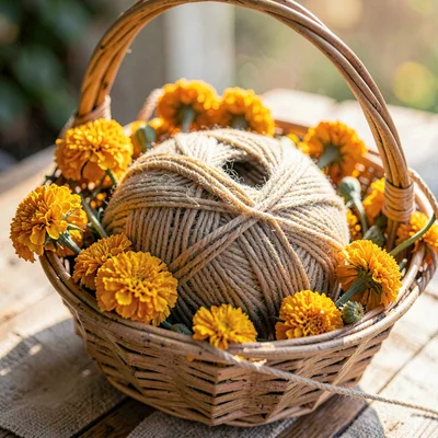 Close of a handspun skein cradled in a basket of dried marigolds