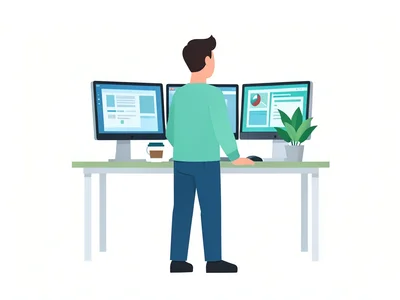 A person at a standing desk with three monitors, a coffee cup, and a plant, clea