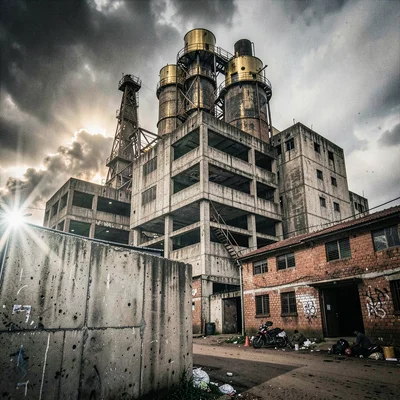 Post-industrial Johannesburg brutalism with harsh flash, Gold Reef City mine hea