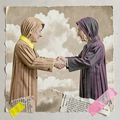 Editorial collage of two cut-paper figures shaking hands made entirely of folded