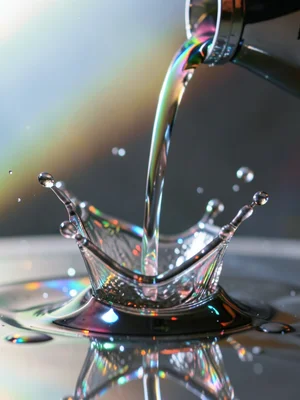 Chrome liquid pouring in slow motion, frozen mid-splash, catching rainbow refrac