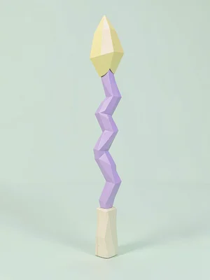Gnarled lavender lowpoly wizard staff with chunky cream wood facets and a butter