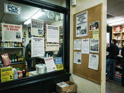 Local flyers taped to window, community bulletins, neighborhood notice board