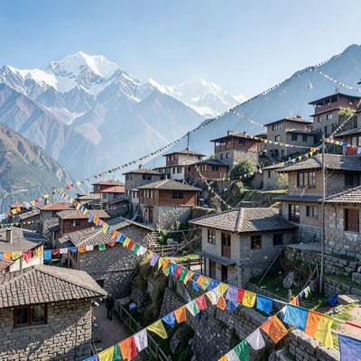 High altitude clarity of Kathmandu, Nepal, Mountain village houses stacked up hi
