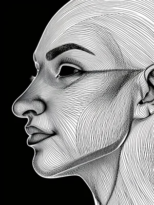 A face profile where each facial feature — nose, lips, eye socket — is defined b
